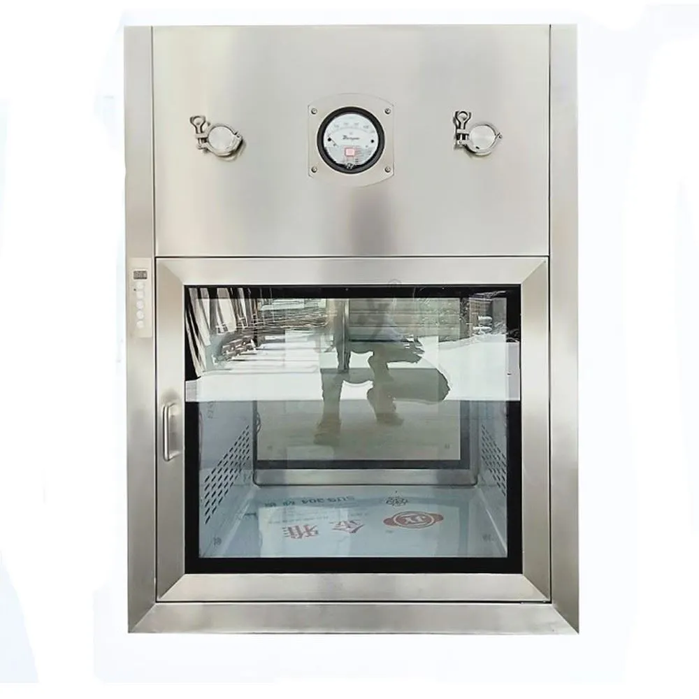 Stainless steel pass box with differential pressure gauge and double doors for cleanroom material transfer Stainless steel pass box with differential pressure gauge and double doors for cleanroom material transfer